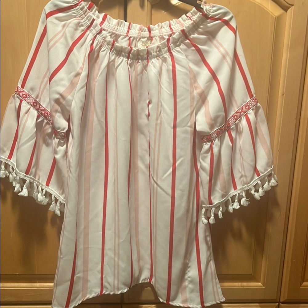 Striped Off-Shoulder Top with Tassels